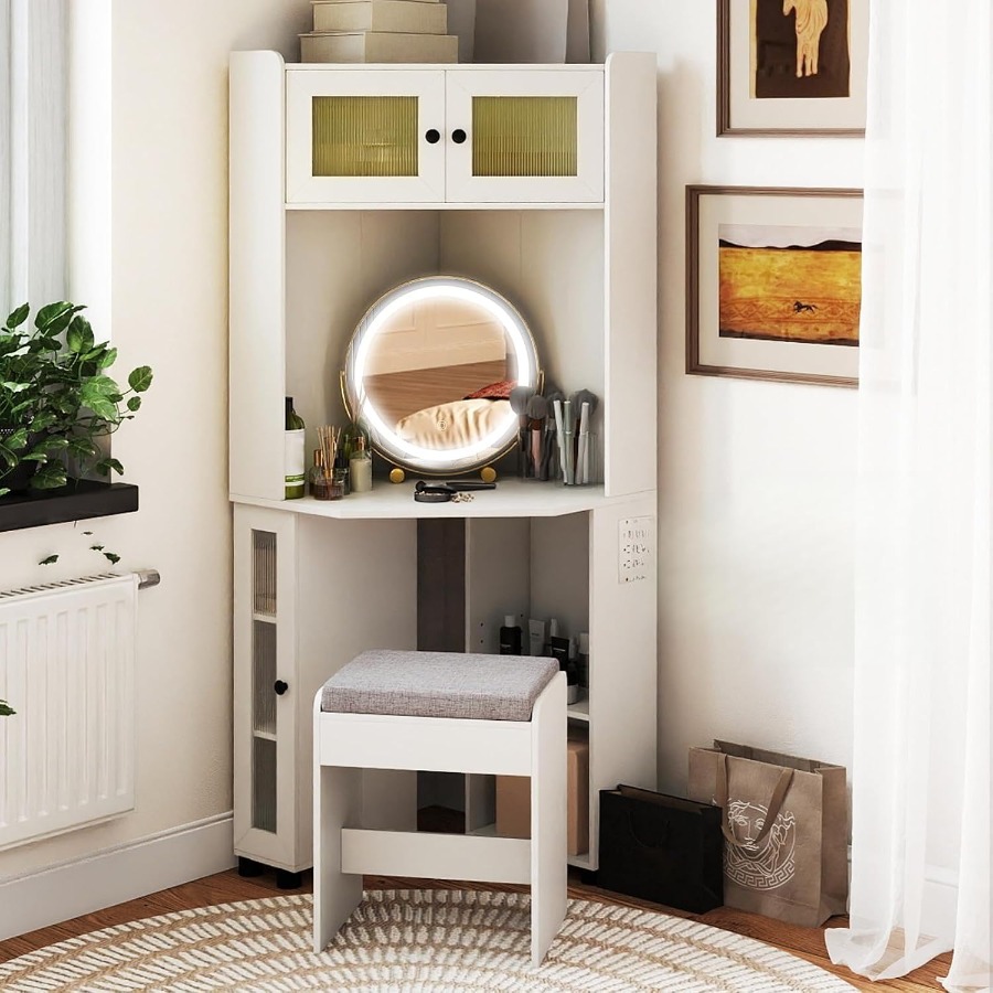 Dressing Table Vanity With Lighted Mirror - Coiffeuse d'angle avec miroir et éclairage,