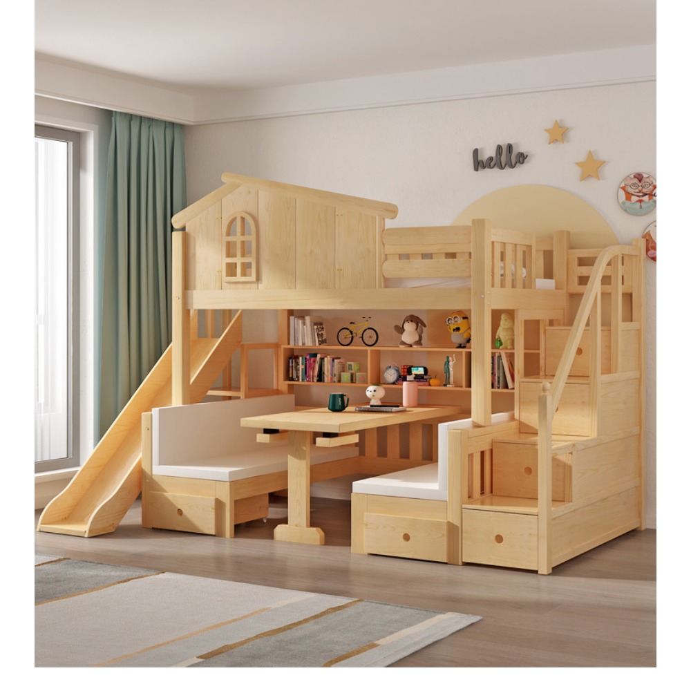 Bunk Bed With Stairs And Slide - Lit superposé multifonctionnel avec bureau intégré,